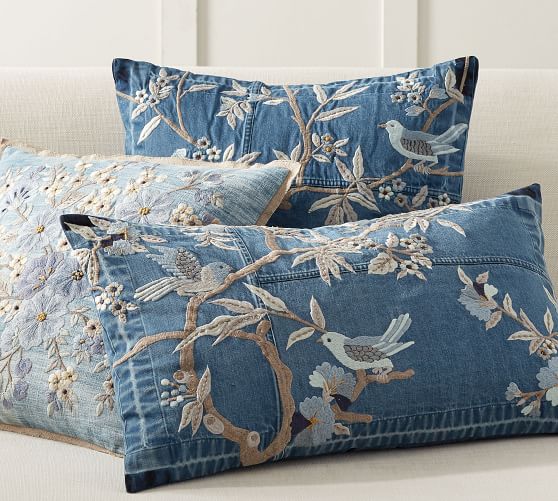 Denim Floral Embroidered Decorative Pillow Cover Pottery Barn