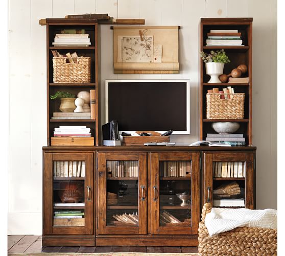 Printer's Large Entertainment Center With Towers & Glass Doors, Tuscan