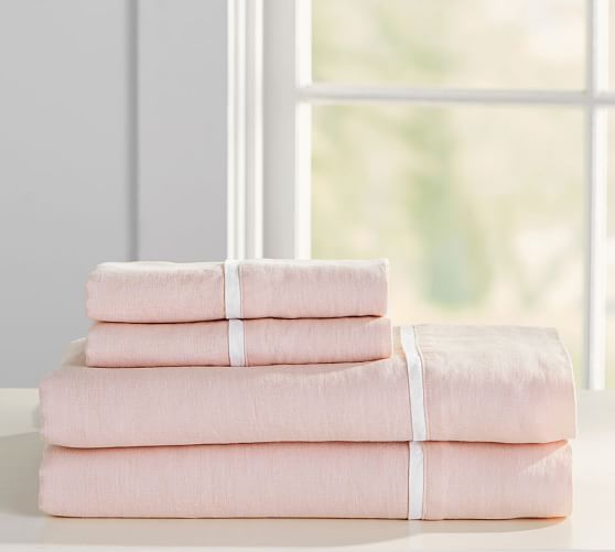 Belgian Flax Linen Contrast Flange Sheet Set Soft Rose/White