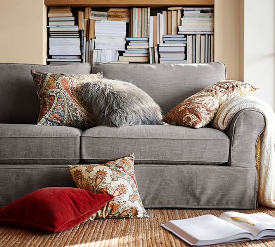 Pb Comfort Roll Arm Slipcovered Grand Sofa 90 Box Edge Memory Foam Cushions Basketweave Slub Charcoal