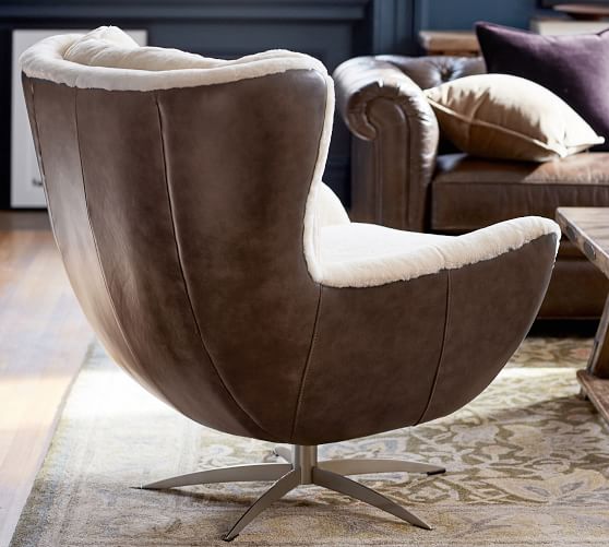 Wells Leather and Shearling Swivel Chair Pottery Barn