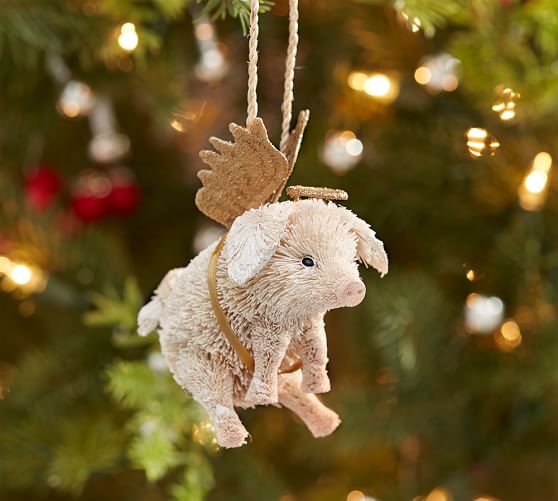 Bottlebrush Pig with Angel Wings Ornament Pottery Barn