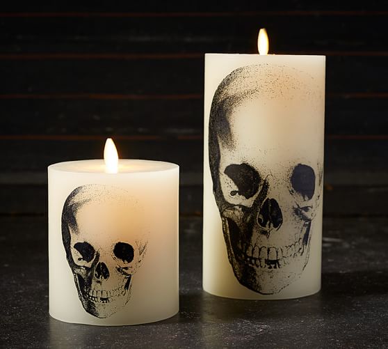 Premium Flicker Flameless Skull Decal Wax Pillar Candle Halloween