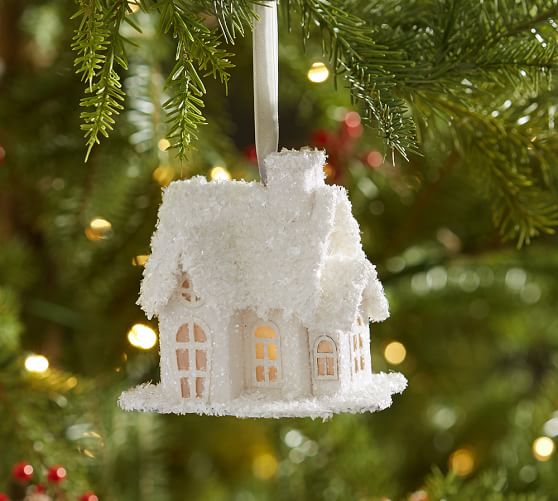 Lit Glitter House Christmas Ornament White Pottery Barn