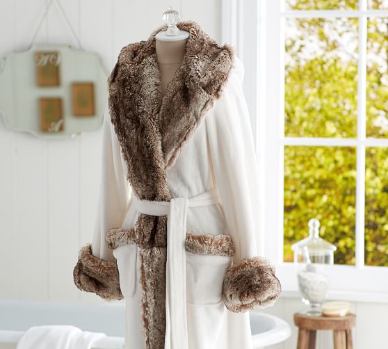 Faux Fur Hooded Bath Robe Ivory/Caramel Ombre Pottery Barn