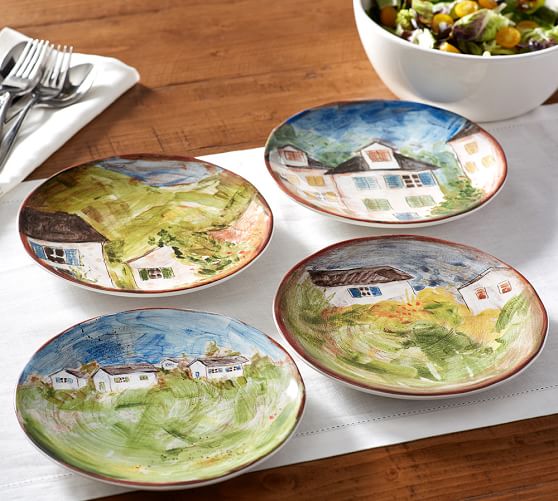 Watercolor Farmhouse Salad Plates, Mixed Set of 4 Pottery Barn