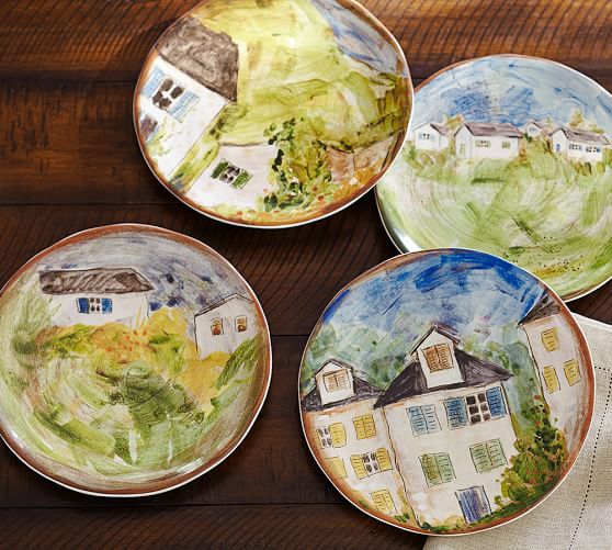 Watercolor Farmhouse Salad Plates, Mixed Set of 4 Pottery Barn