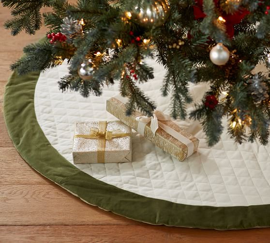 Velvet Tree Skirt Ivory with Green Cuff Pottery Barn