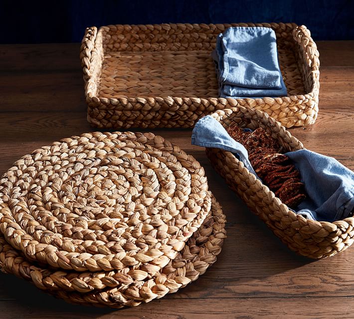 Water Hyacinth Tray, placemats, and basket from Pottery Barn. Come be inspired by 4th of July Tablescapes, Patriotic Decor & USA Finds: Happy Birthday, America in case you're in the mood for American flag and red, white, and blue festive finds.