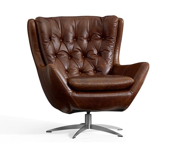 Wells Leather Swivel Armchair With Brushed Nickel Base Polyester