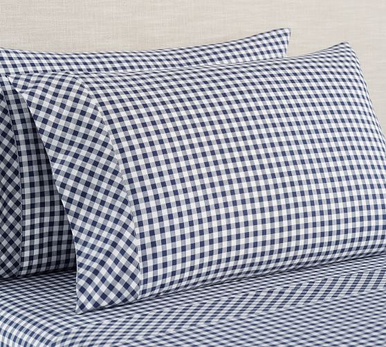 Gingham Check Organic Sheet Set Cal King Navy Pottery Barn