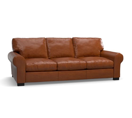 Turner Roll Arm Leather Sofa 3 Seater 91 Down Blend Wred Cushions Legacy Dark Caramel