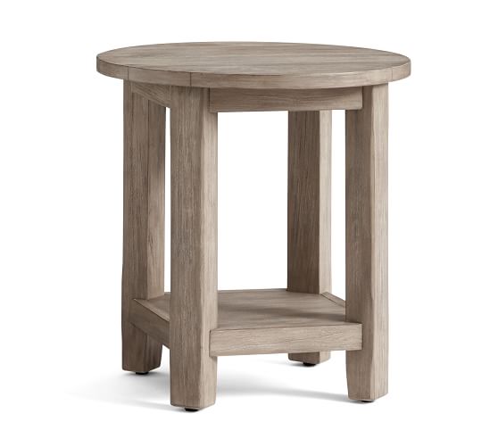 Side And End Tables Pottery Barn Benchwright Round End Table Rustic Mahogany Seadrift Gray Wash