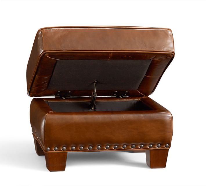 Irving Leather Storage Ottoman With Nailheads Pottery Barn
