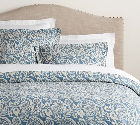 Navy Alessandra Scroll Organic Percale Patterned Duvet Cover