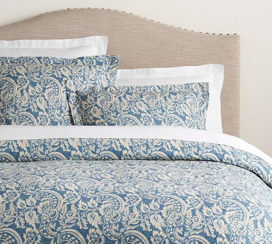Navy Alessandra Scroll Organic Percale Patterned Duvet Cover
