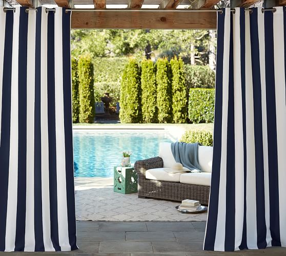 Sunbrella Awning Stripe Outdoor Grommet Curtain Navy Pottery Barn