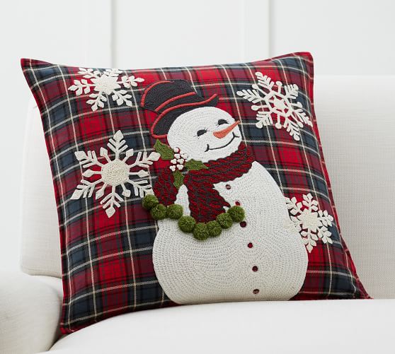 Snowman Plaid Crewel Decorative Pillow Cover Pottery Barn