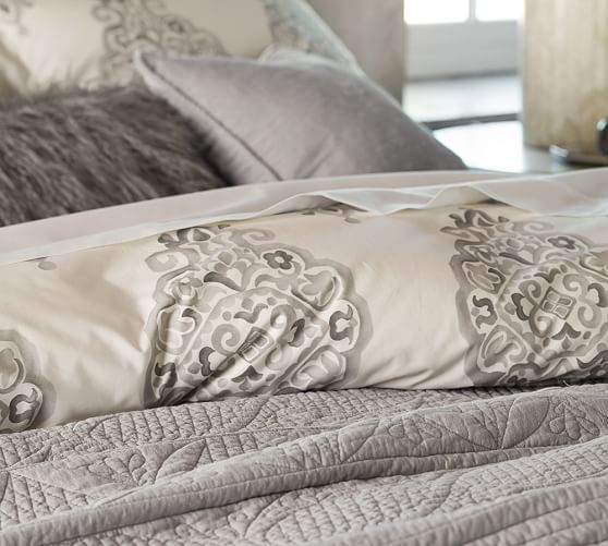 Gray Asher Medallion Organic Percale Patterned Duvet Cover Sham