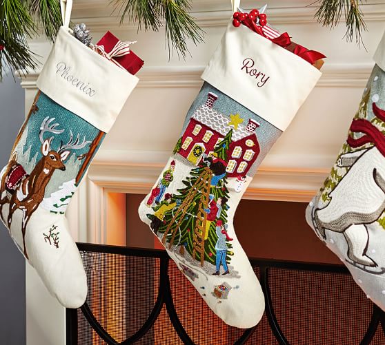 Whimsical Crewel Embroidered Stocking Tree Trimming Pottery Barn