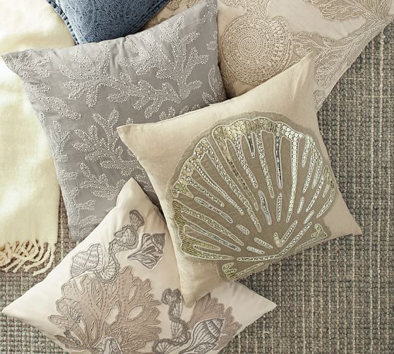 Gray Coral Embroidered Decorative Pillow Cover Pottery Barn