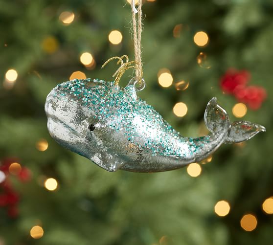 Blue Glitter Whale Glass Christmas Ornament Pottery Barn