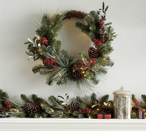 Pre Lit Faux Wintergreens Wreath Garland Pottery Barn