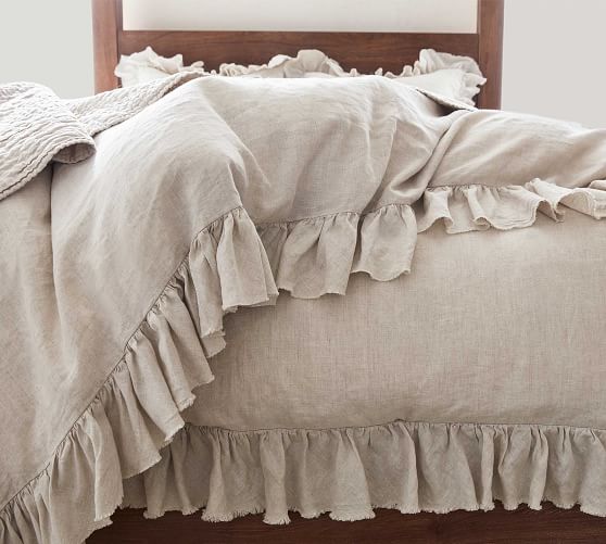 Belgian Flax Linen Raw Edge Ruffle Solid Duvet Cover White