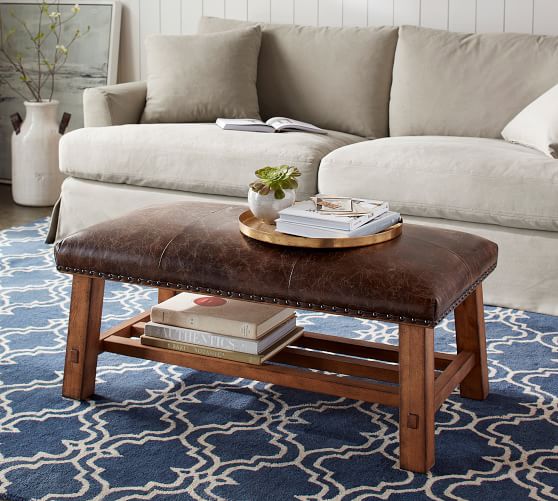 Caden Petite Ottoman Brown Leather Pottery Barn