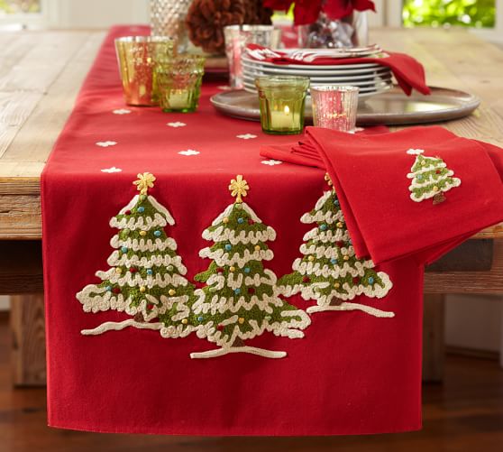 Christmas Tree Crewel Embroidered Table Runner Pottery Barn