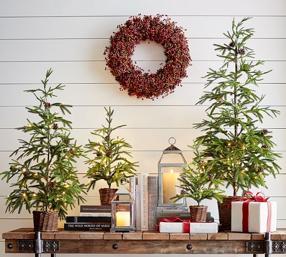 Pre Lit Faux Pine Trees In Baskets Pottery Barn