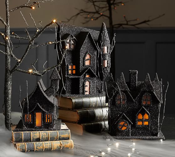 Spooky German Glitter Luminary Houses Halloween Decorations