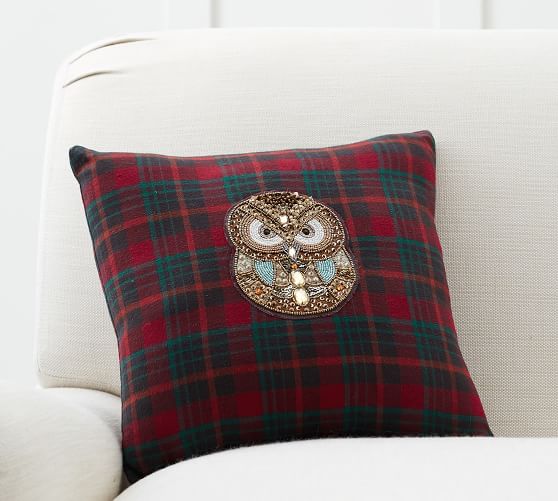 Jeweled Owl Plaid Decorative Pillow Pottery Barn