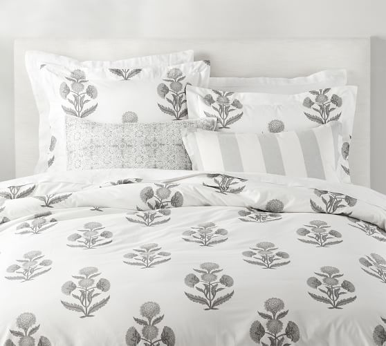 Gray Annelyse Floral Print Organic Percale Patterned Duvet Cover