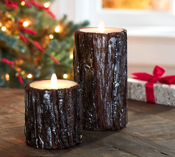 Premium Flicker Flameless Shimmering Bark Pillar Candle Pottery Barn