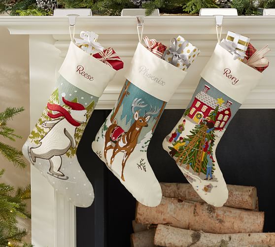 Whimsical Crewel Embroidered Stocking Tree Trimming Pottery Barn