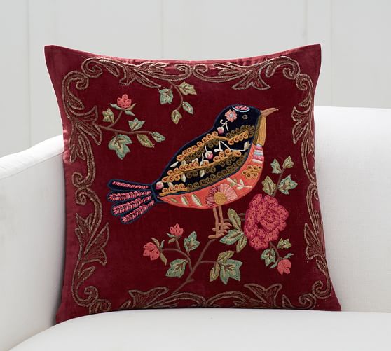 Bianca Bird Embellished Applique Decorative Pillow Cover Pottery