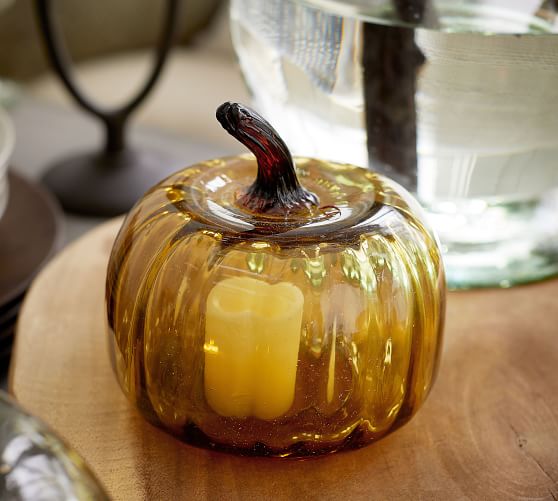 Colored Recycled Glass Pumpkin Cloche Amber Candle Holder
