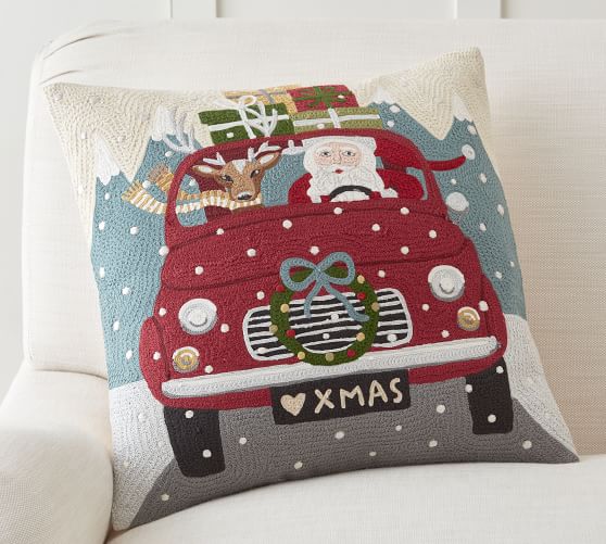 Road Trip Santa Crewel Embroidered Decorative Pillow Cover