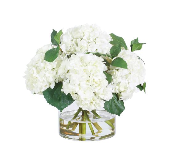 Faux White Hydrangeas In Glass Vase Artificial Flowers Pottery
