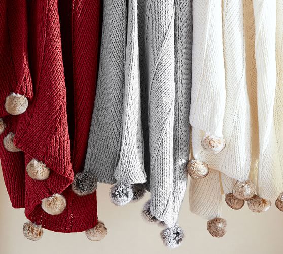 Faux Fur Pom Pom Knitted Throw Blanket Pottery Barn