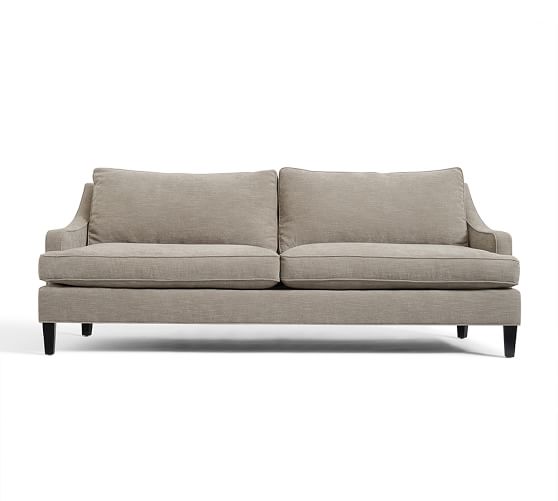 Landon Upholstered Sofa 88 Down Blend Wrapped Cushions Washed Linen Cotton Silver Taupe Pottery Barn