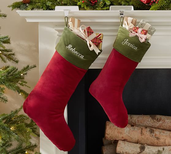 Personalized Classic Velvet Stockings Red With Green Cuff