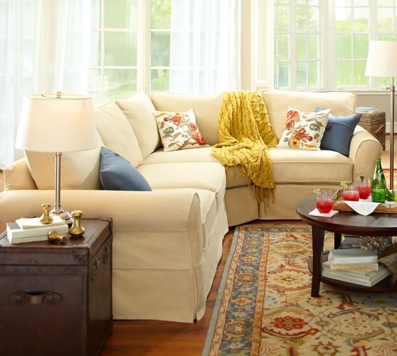 Pb Comfort Roll Arm Slipcovered 3 Piece Sectional With Wedge