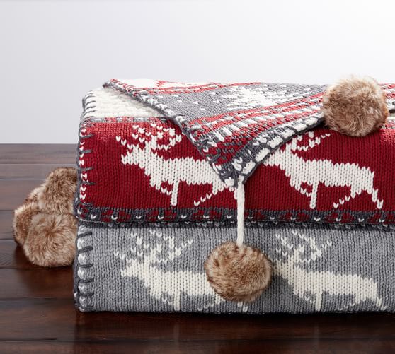 Fair Isle Fur Pom Pom Throw Blanket Pottery Barn