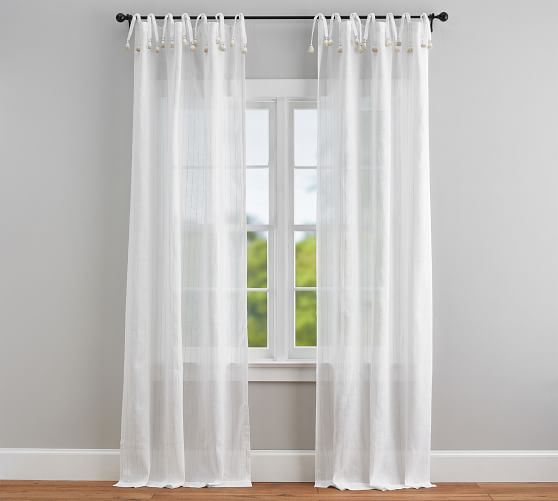 Striped Linen Tie Top Tassel Sheer Curtain White Pottery Barn