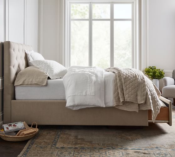 Lorraine Upholstered Low Tufted Footboard Storage Bed Pottery Barn