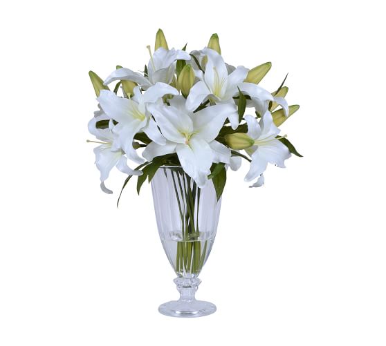 Faux White Lilies In Tall Glass Vase Artificial Flowers