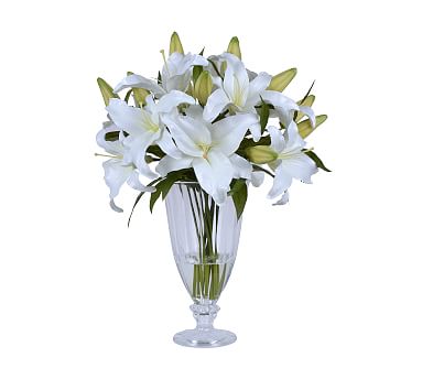Faux White Lilies In Tall Glass Vase Artificial Flowers