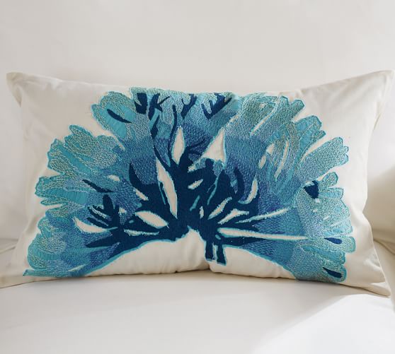 Blue Coral Embroidered Applique Lumbar Decorative Pillow Cover